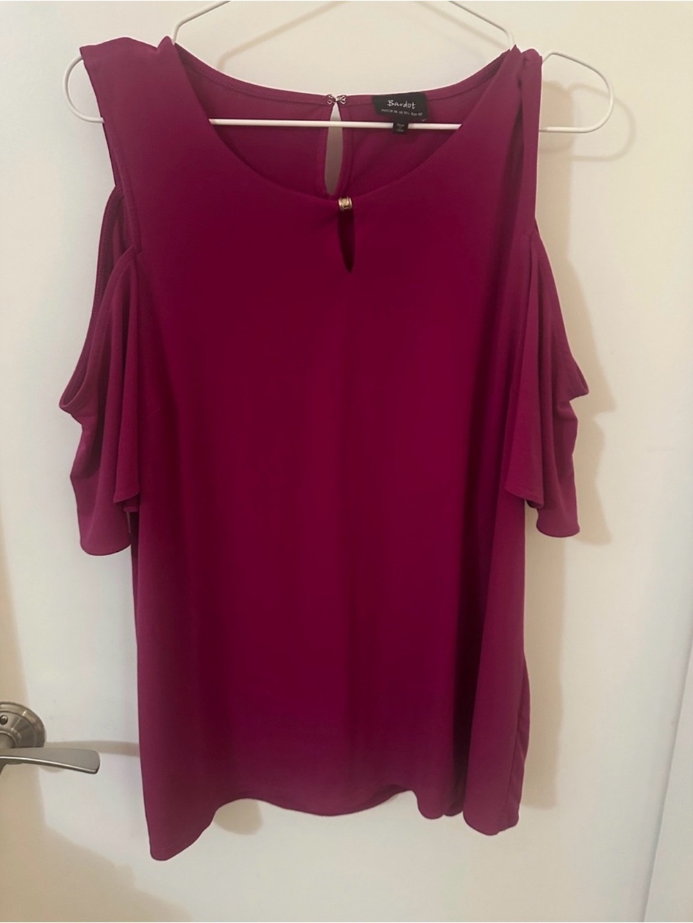 Bardot Wine Cold-Shoulder Ruffle Sleeve Top